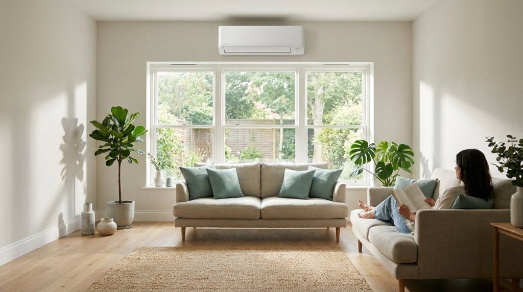 Wall-mounted air conditioning unit cooling a bright modern UK living room