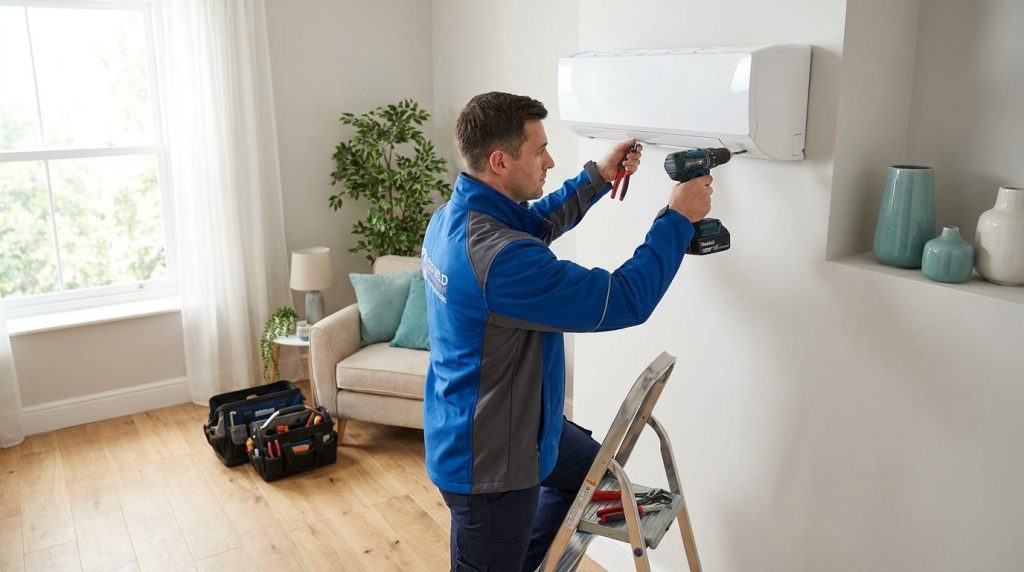 F-Gas registered engineer installing a wall-mounted air conditioning unit in a UK home