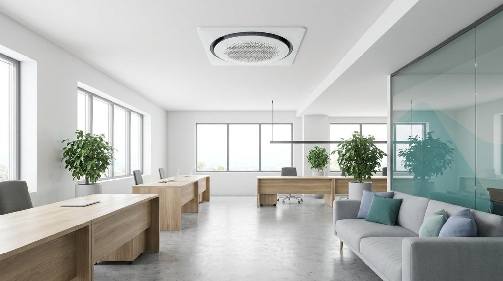 Ceiling cassette air conditioning unit in a modern UK office