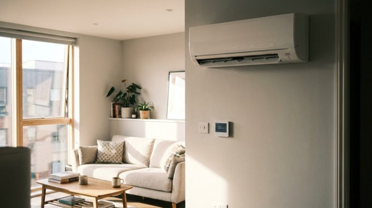 Wall-mounted air conditioning unit with thermostat display in a UK living room