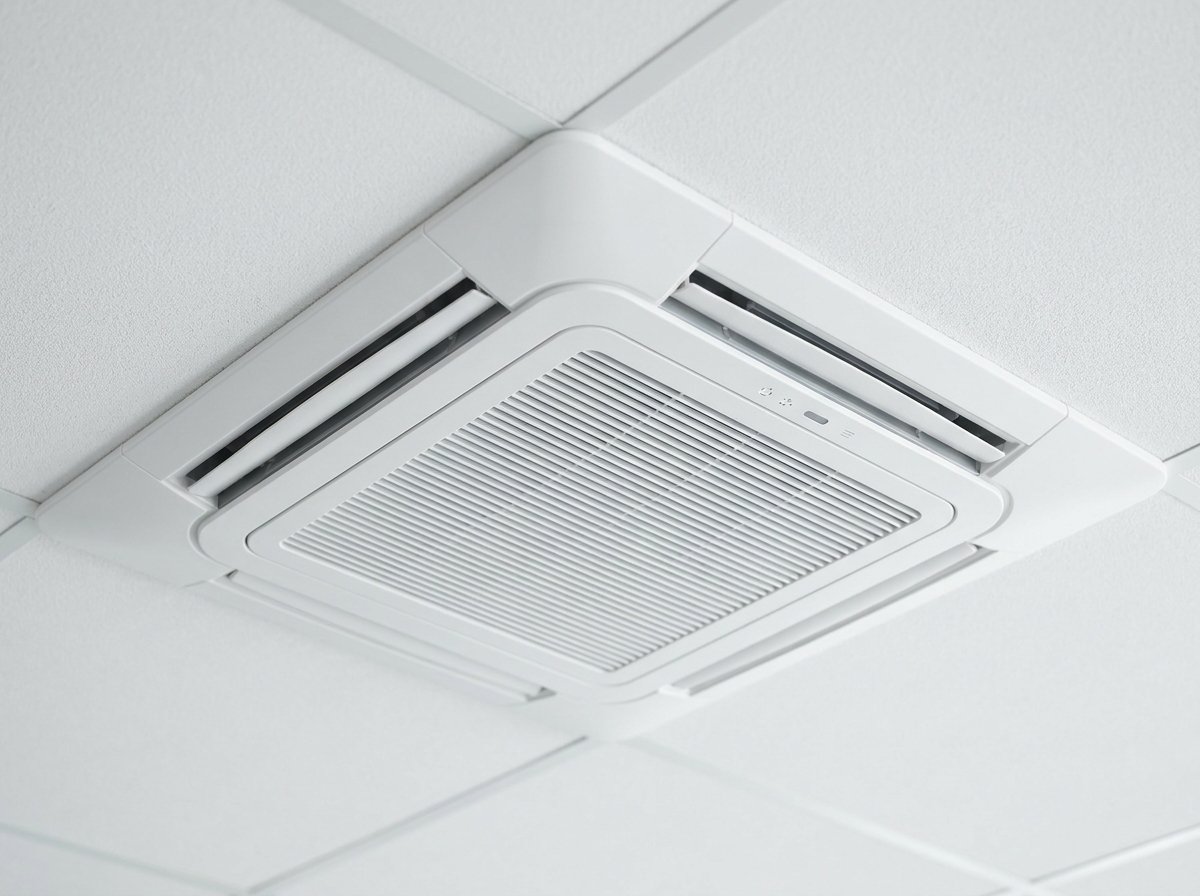 Close-up of a white four-way ceiling cassette air conditioning unit recessed flush into a commercial office ceiling tile