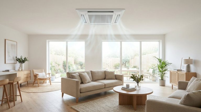White ceiling cassette air conditioning unit recessed into the ceiling of a bright, modern UK living room with visible cool airflow