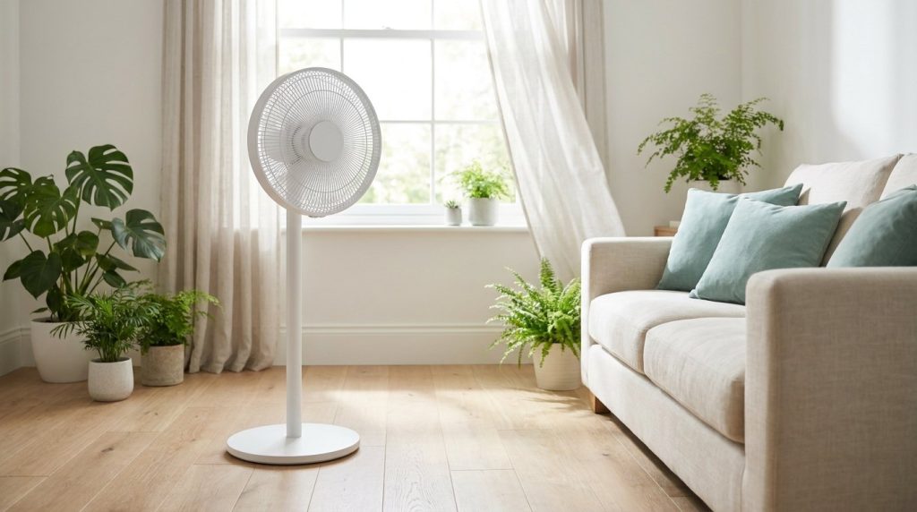 Modern pedestal fan cooling a bright UK living room