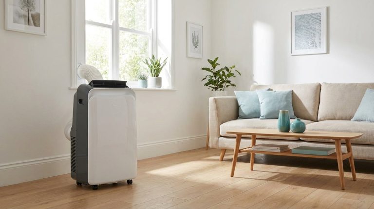 Portable air conditioner cooling a bright modern UK living room