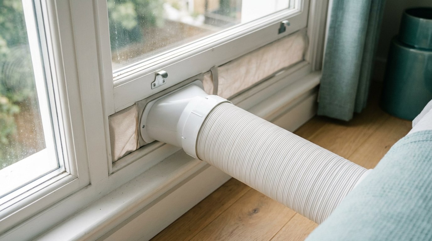 Portable air conditioner exhaust hose vented through a window using a window venting kit