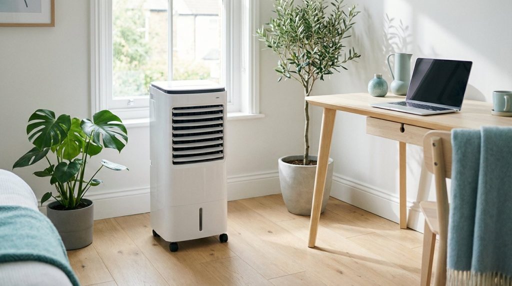 Portable evaporative air cooler in a bright UK home office