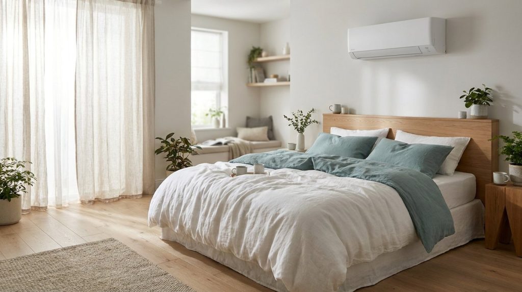 Wall-mounted split air conditioning unit in a bright UK bedroom